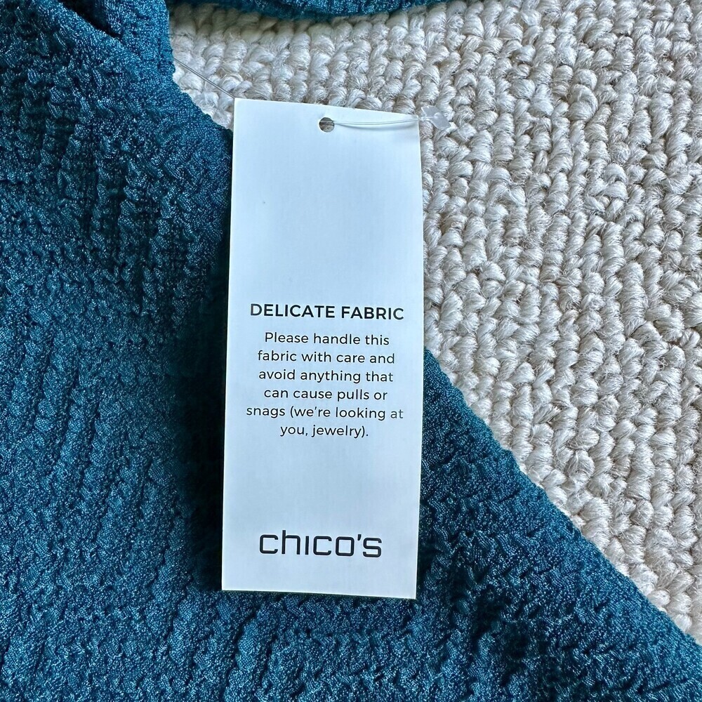 NWT Chico's Textured Teal Stretch Bell-Sleeve Midi Dress Sz 1 Med - Picture 3 of 7